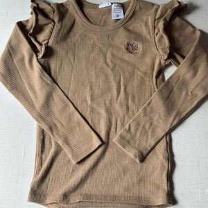 Tan Long Sleeve Tee with Ruffle Shoulders and Crew Neck